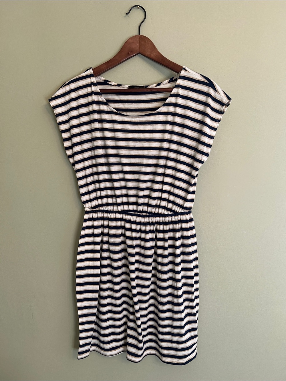 Soprano Navy and White Striped Elastic-Waist Mini Dress